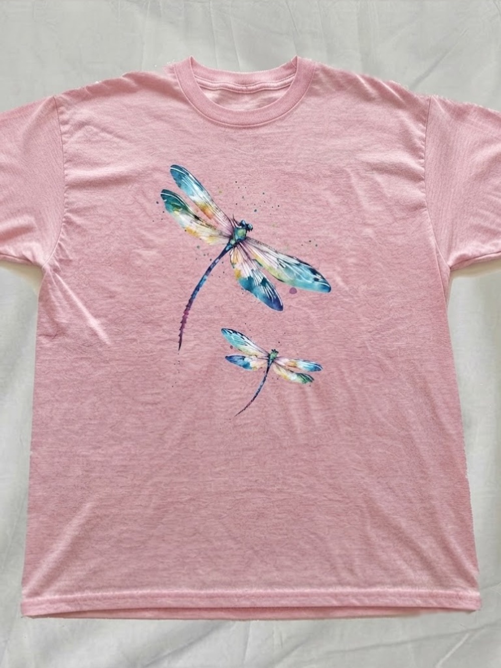 Gildan Pink Tee with Watercolor Dragonfly Print